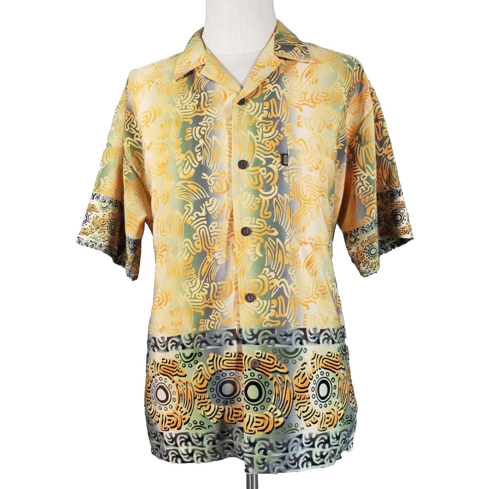 Pineapple Connection Shirt Mens L Yellow Hawaiian Tribal Floral Button Up Short